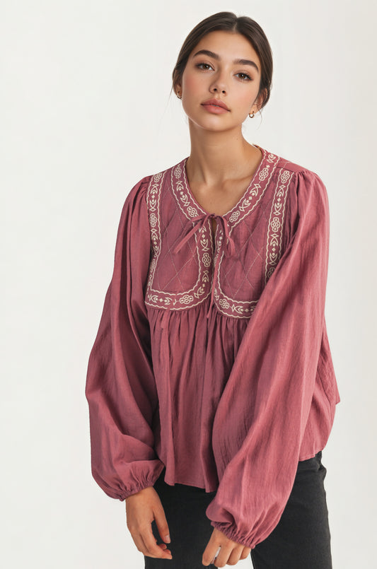 Flowy Long Sleeve Blouse with Embroidered Yoke and Tie Neckline