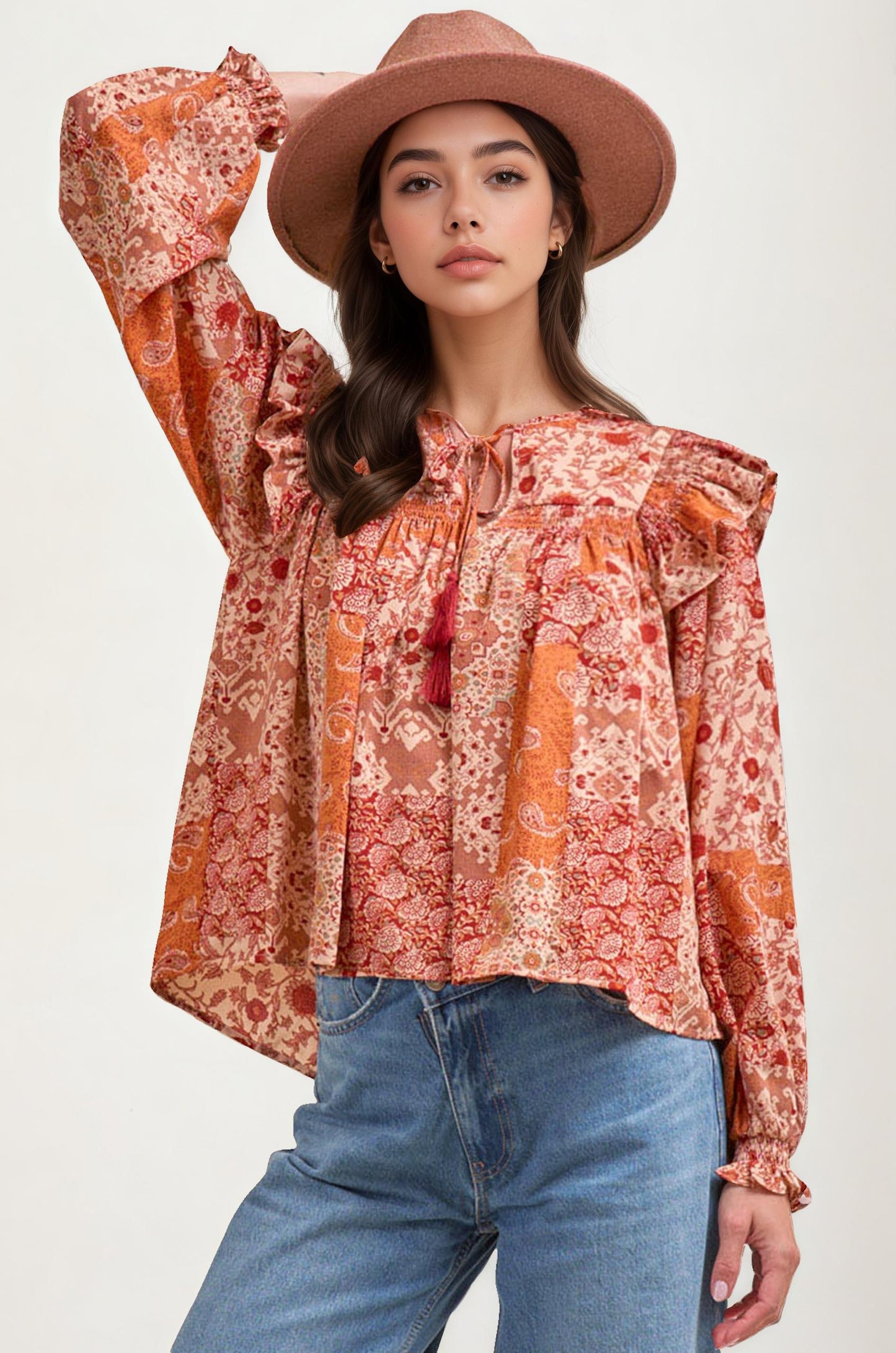 Boho Patchwork Ruffle Blouse with Tassel Tie Neckline