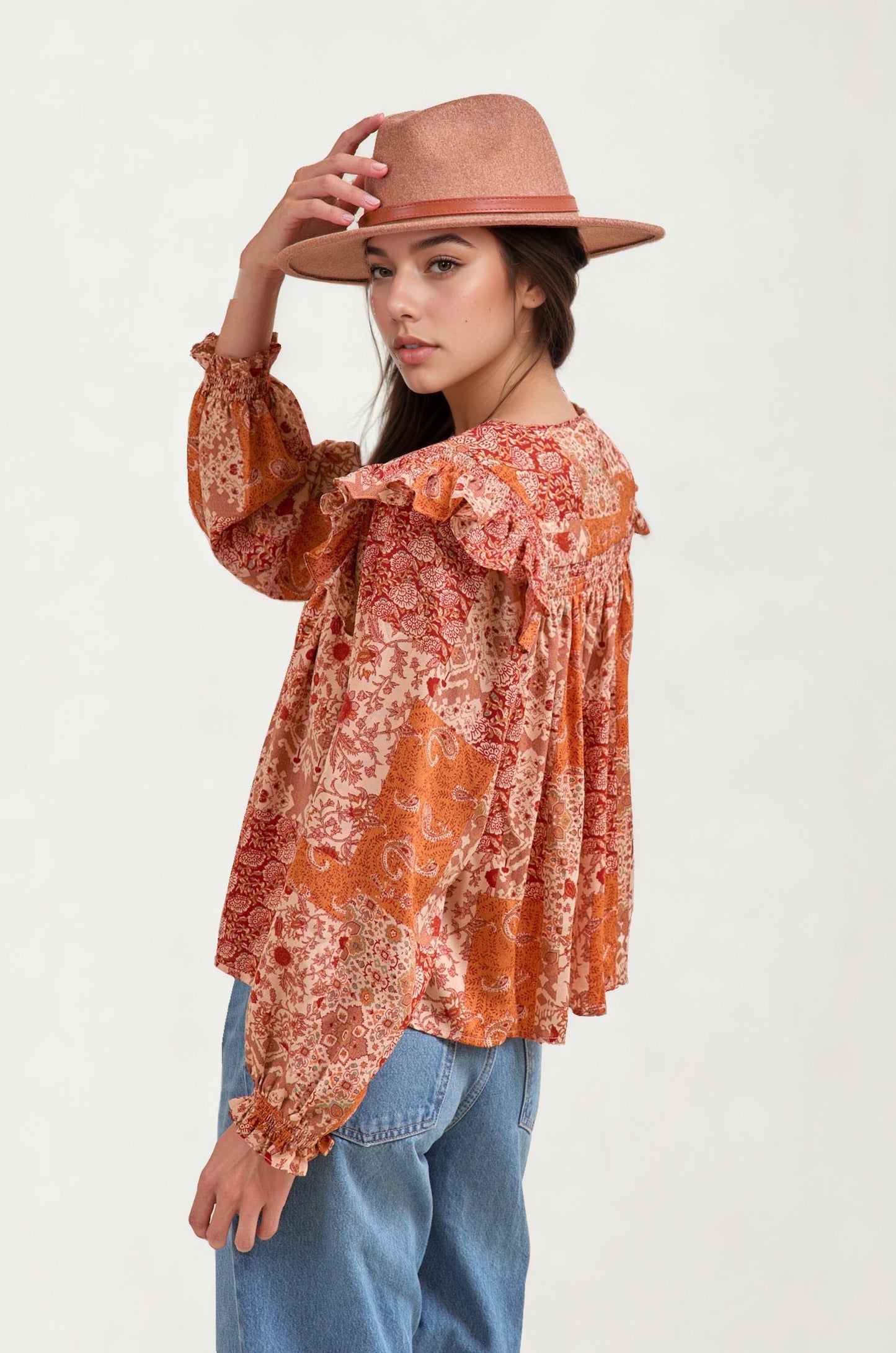 Boho Patchwork Ruffle Blouse with Tassel Tie Neckline