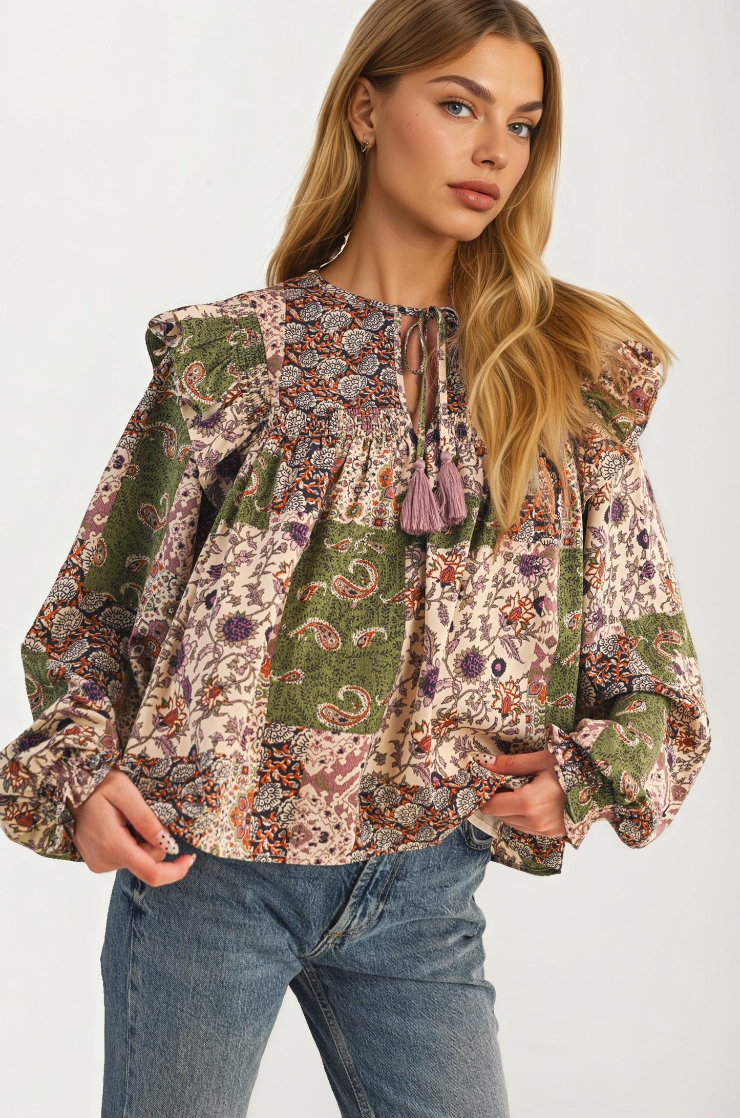 Boho Patchwork Ruffle Blouse with Tassel Tie Neckline