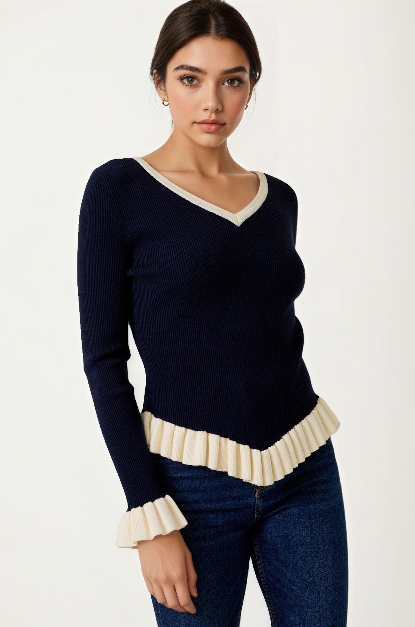 V-Neck Knit Sweater with Ruffle Trim