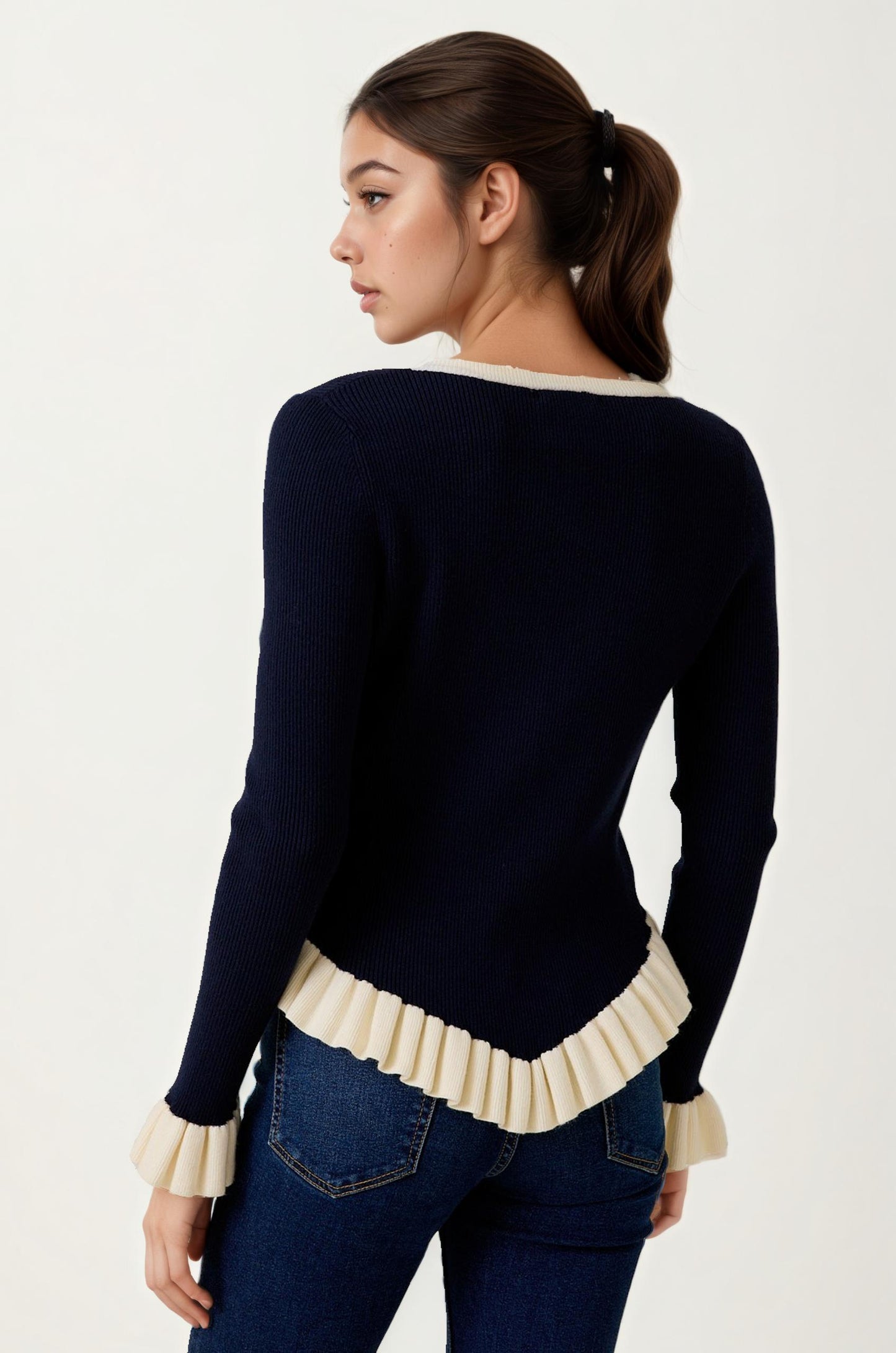 V-Neck Knit Sweater with Ruffle Trim