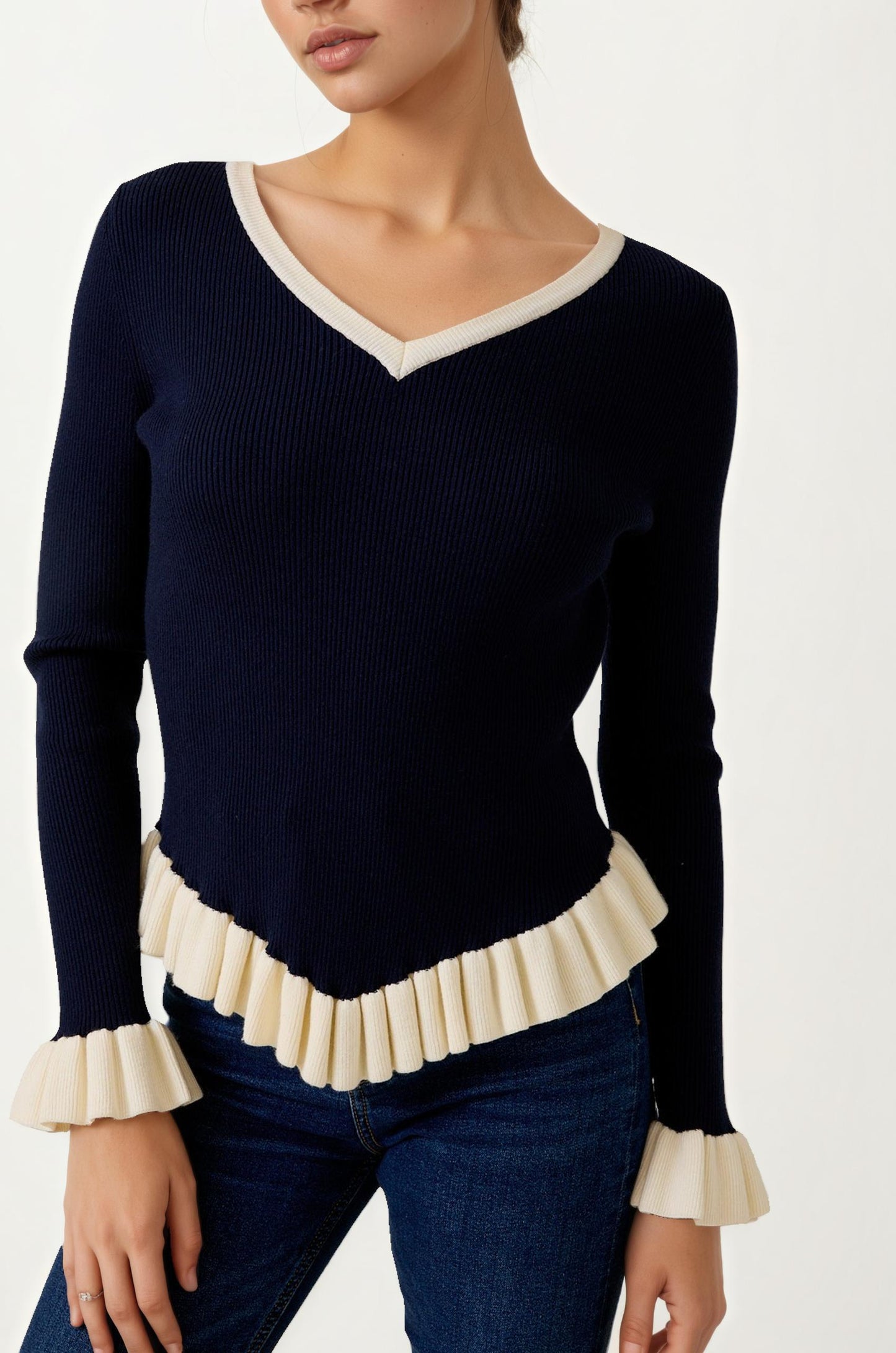 V-Neck Knit Sweater with Ruffle Trim