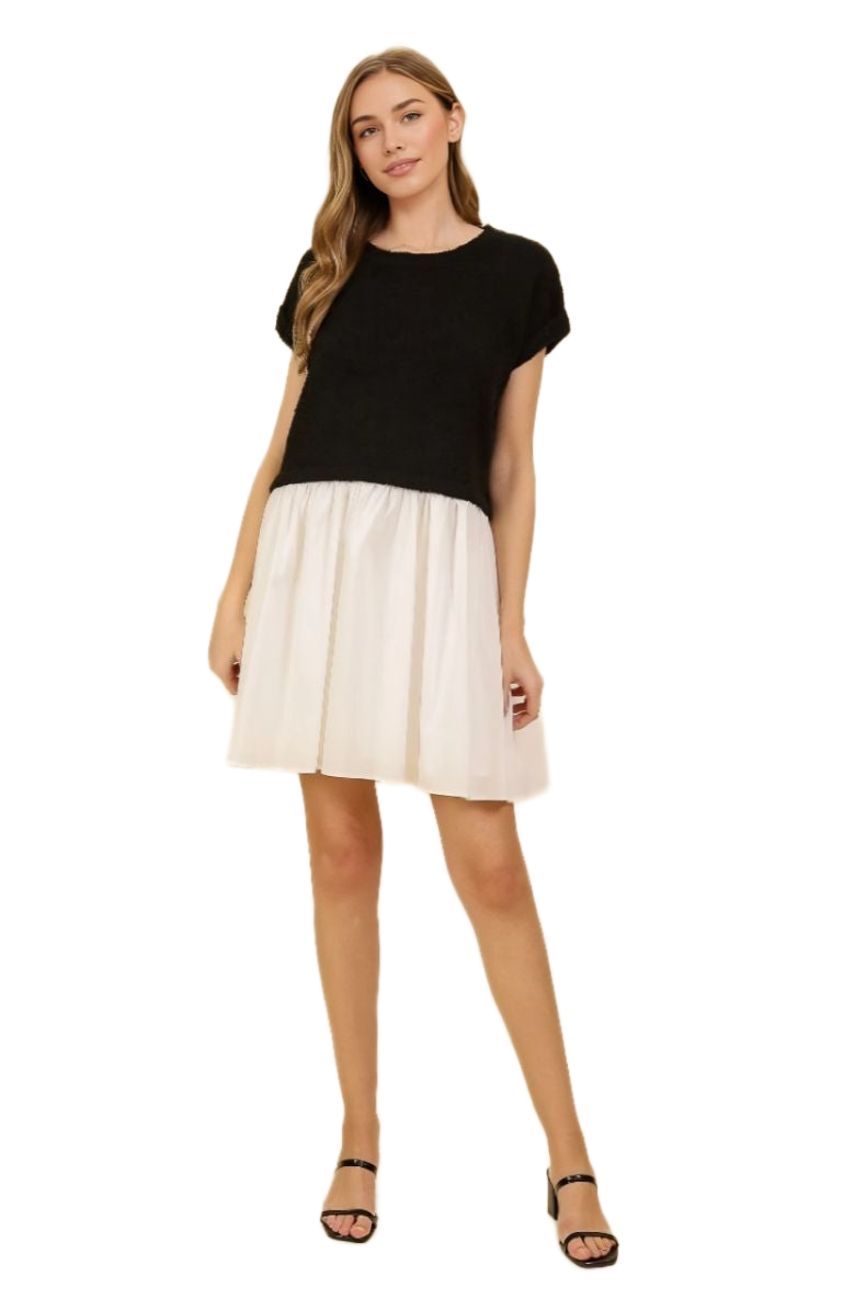 Chic Black and White Two-Tone Mini Gathered Dress