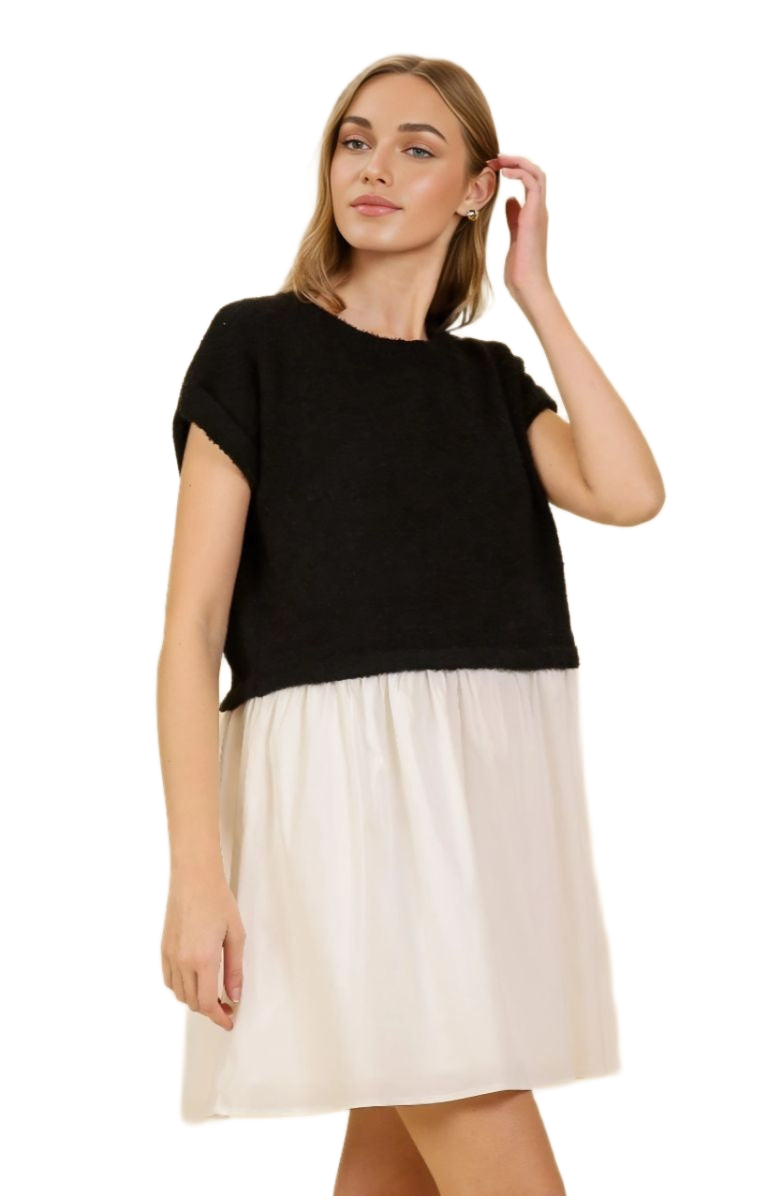 Chic Black and White Two-Tone Mini Gathered Dress