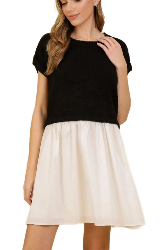 Chic Black and White Two-Tone Mini Gathered Dress