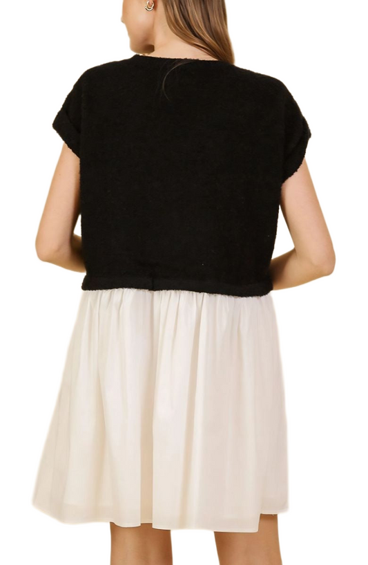 Chic Black and White Two-Tone Mini Gathered Dress