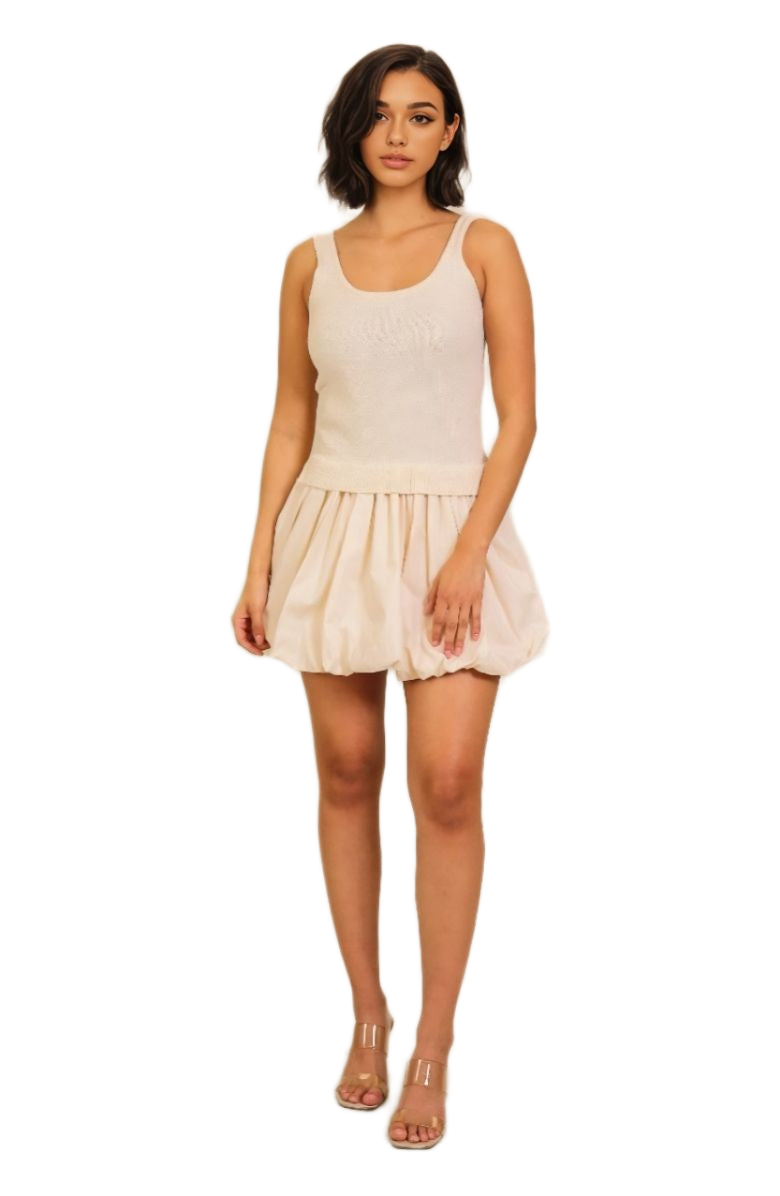 Ivory Knit Top and Woven Bubble Hem Mini Dress