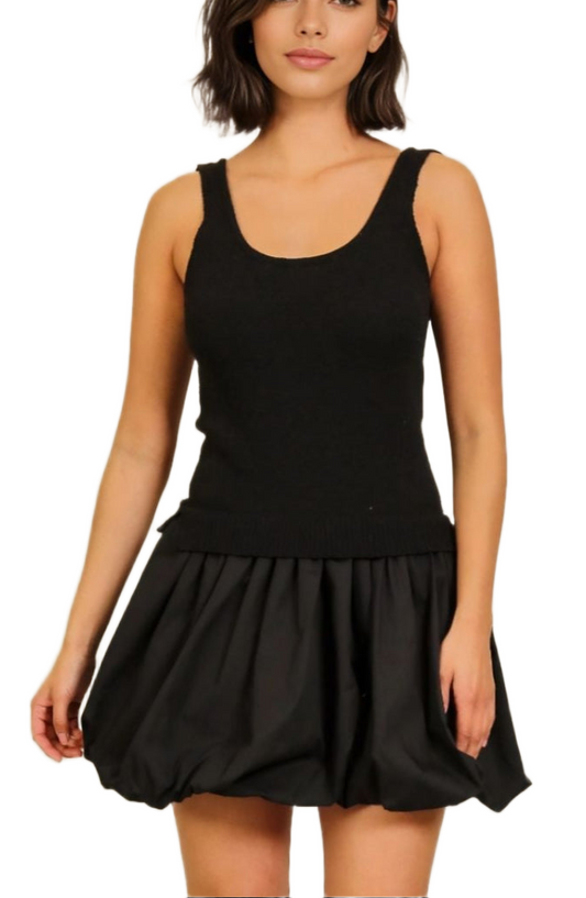 Sleek Black Knit Top and Woven Bubble Hem Mini Dress