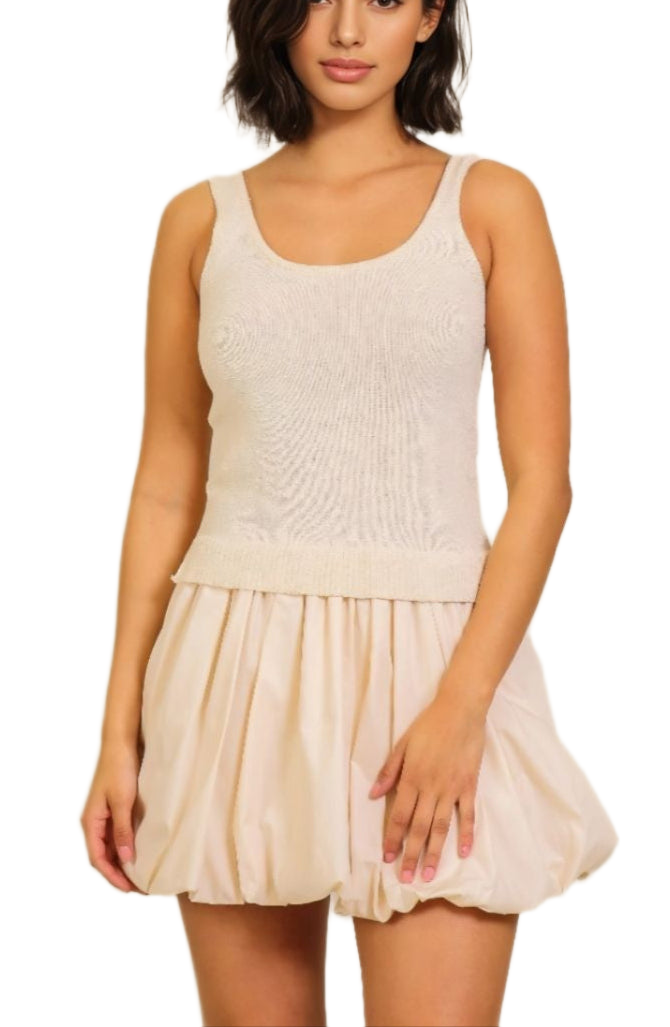 Ivory Knit Top and Woven Bubble Hem Mini Dress