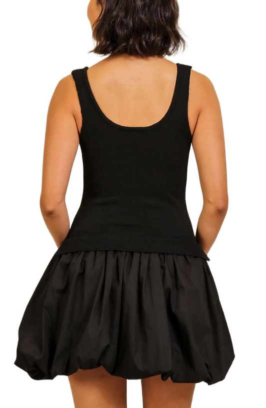 Sleek Black Knit Top and Woven Bubble Hem Mini Dress
