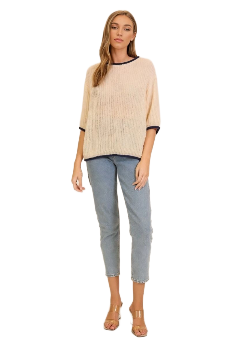Ivory Knit Half-Sleeve Navy Trim Pullover Sweater