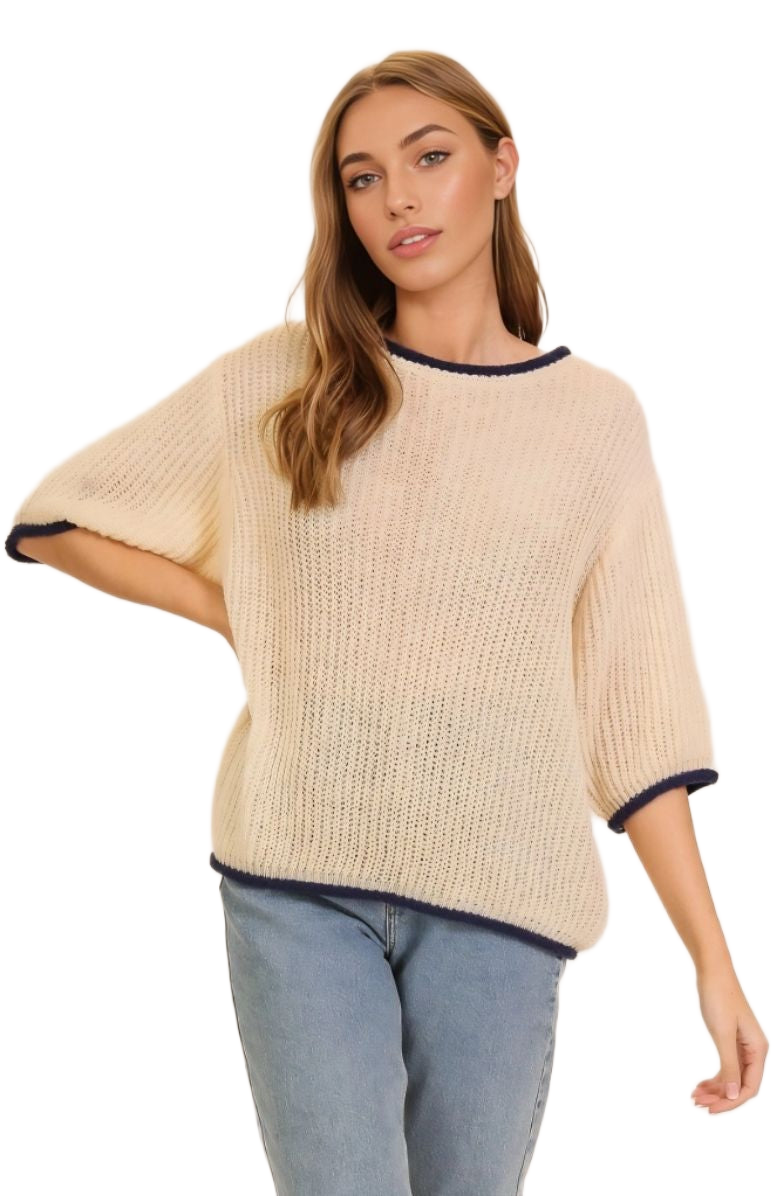 Ivory Knit Half-Sleeve Navy Trim Pullover Sweater