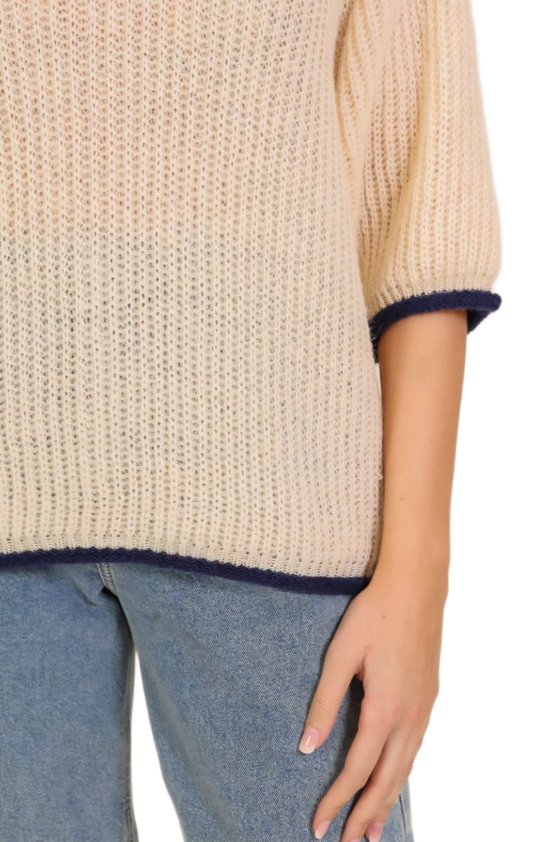 Ivory Knit Half-Sleeve Navy Trim Pullover Sweater