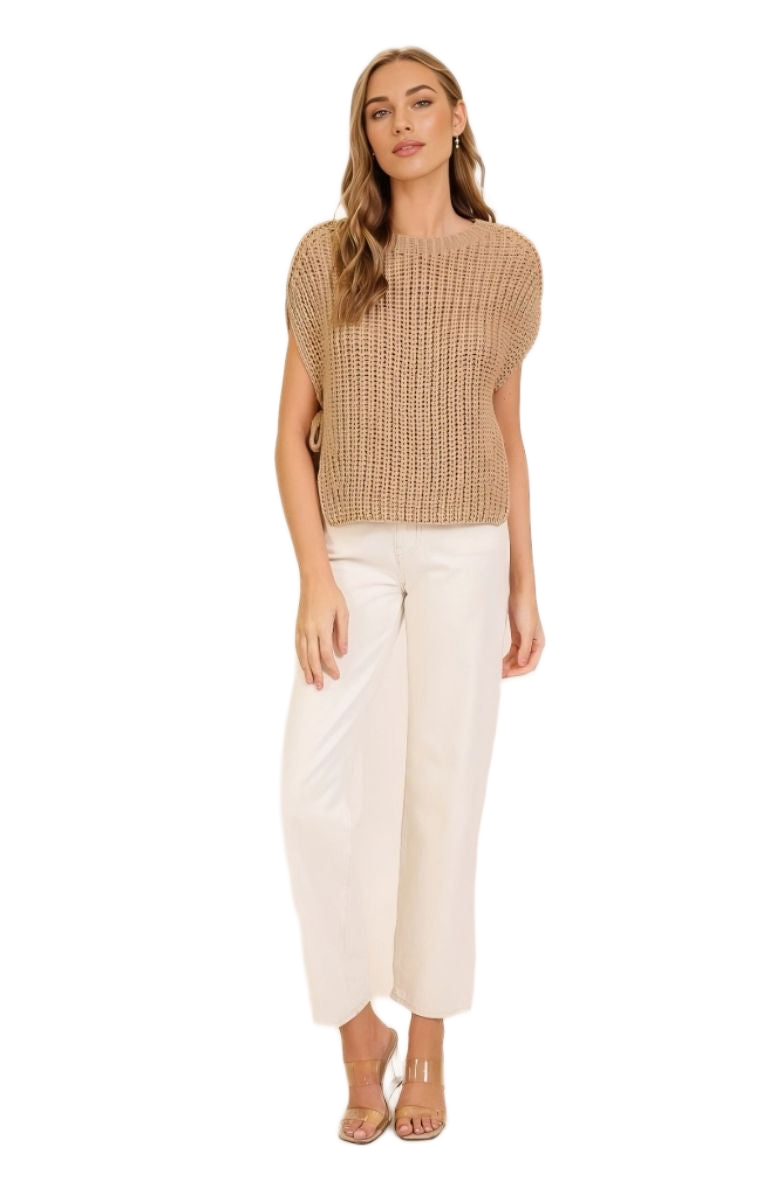 Camel Sleeveless Knit Sweater with Side Tie Detail