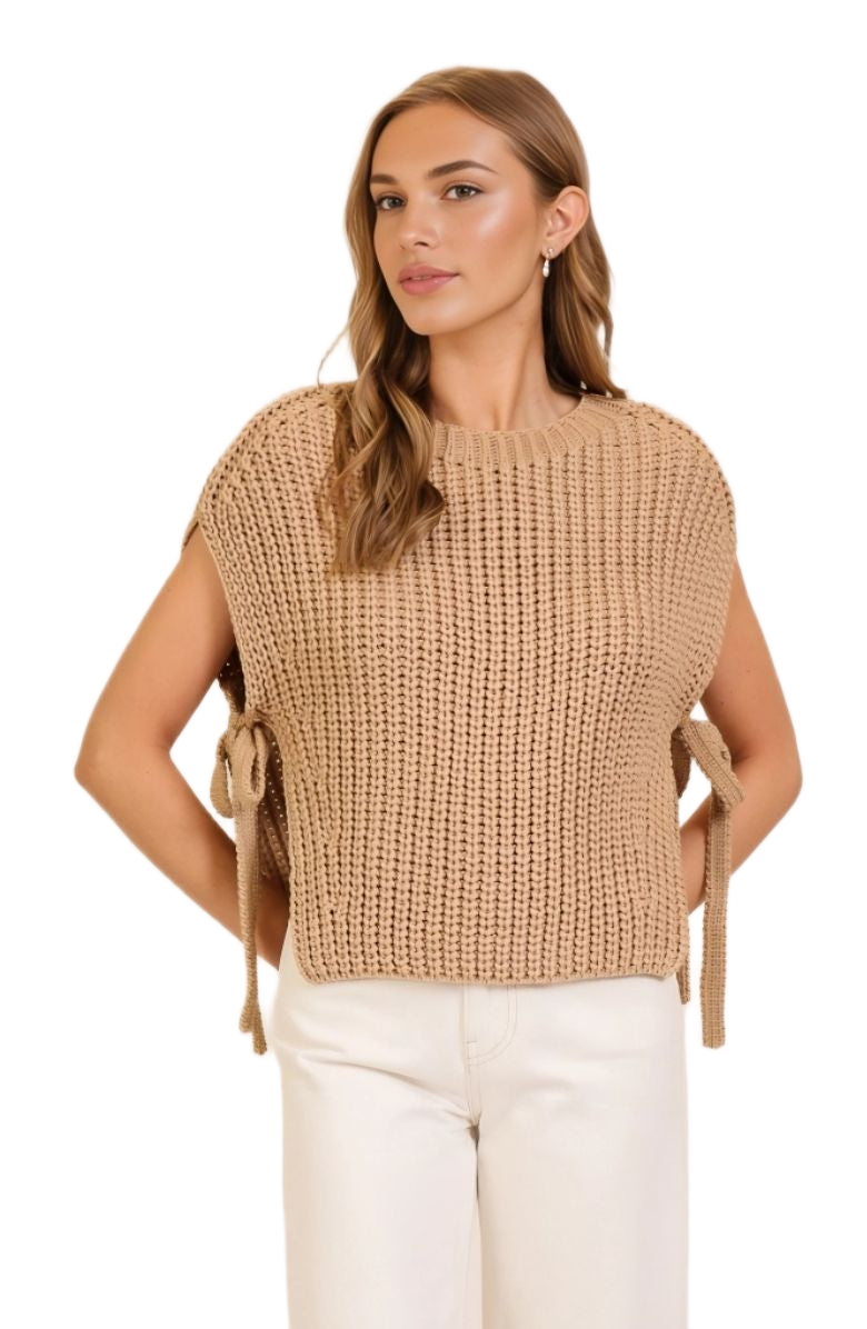 Camel Sleeveless Knit Sweater with Side Tie Detail