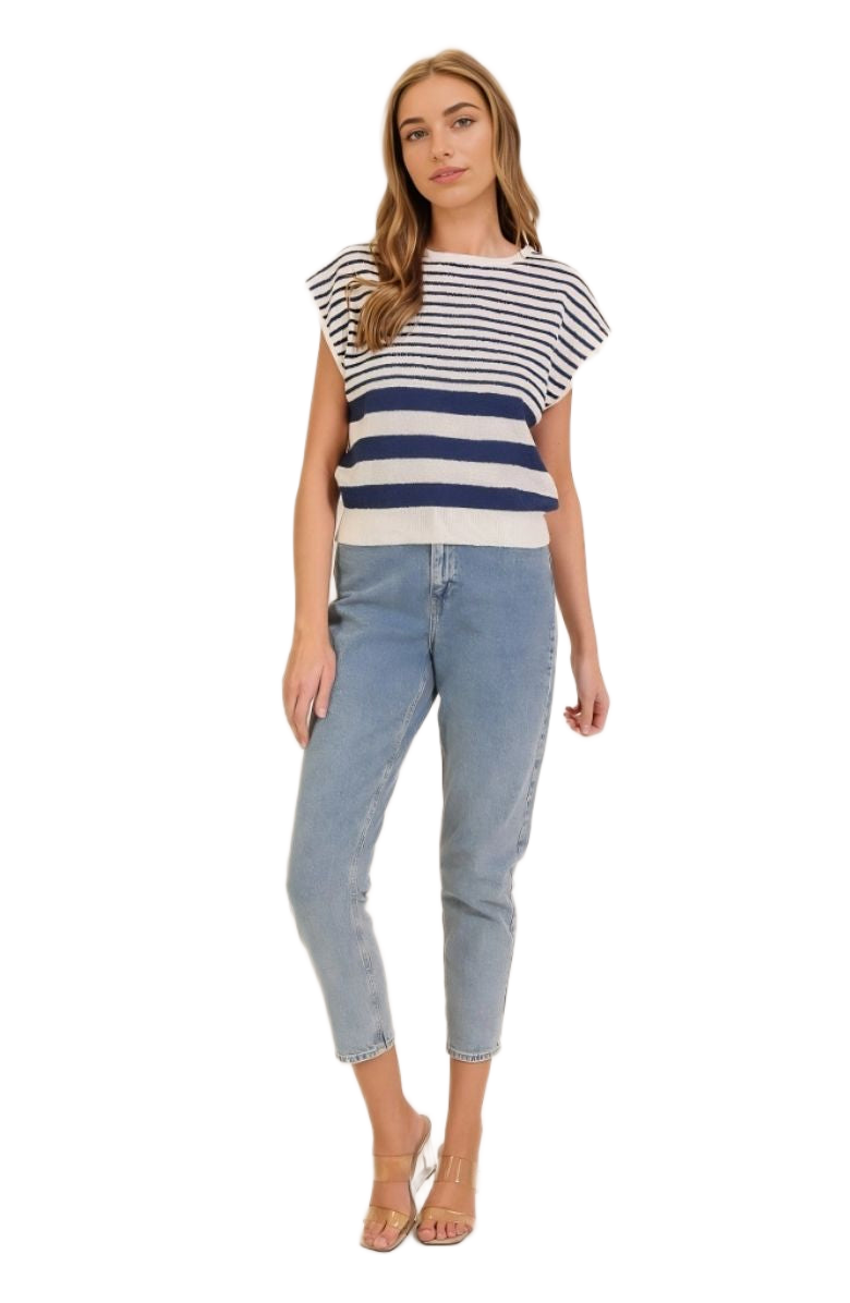 Navy and Ivory Striped Sleeveless Knit Pullover Sweater