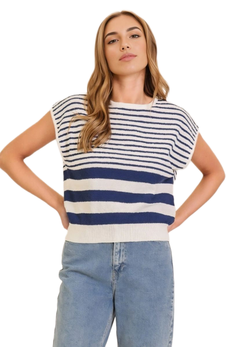 Navy and Ivory Striped Sleeveless Knit Pullover Sweater
