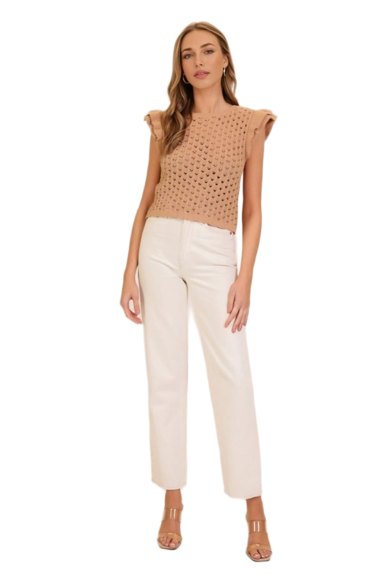Camel Ruffle Cap Sleeve Crochet Open Knit Top