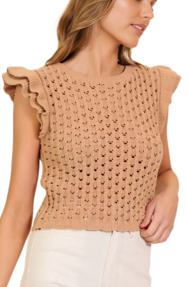 Camel Ruffle Cap Sleeve Crochet Open Knit Top