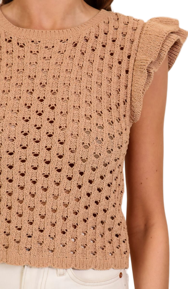 Camel Ruffle Cap Sleeve Crochet Open Knit Top
