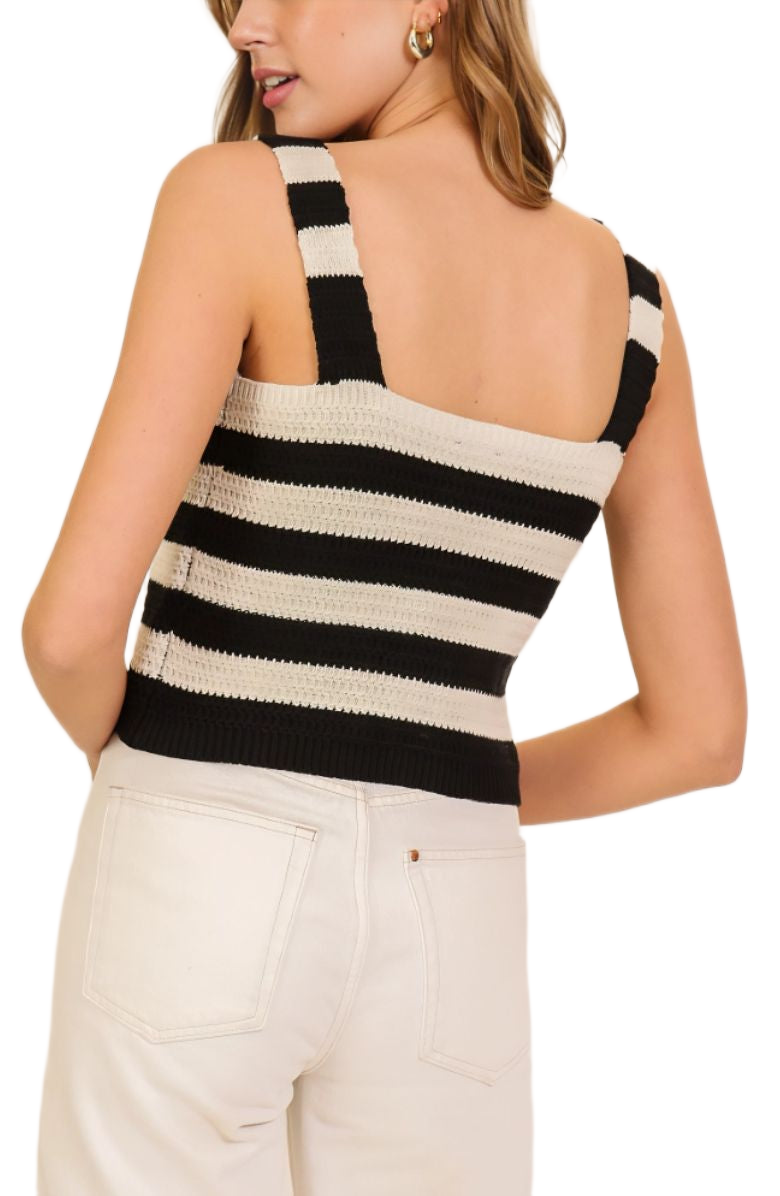 Black Ivory Striped Button-Front Square Neck Knit Tank