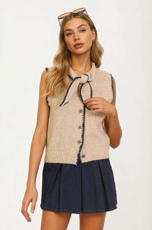 Sleeveless Knit Vest with Contrast Trim and Bow Detail