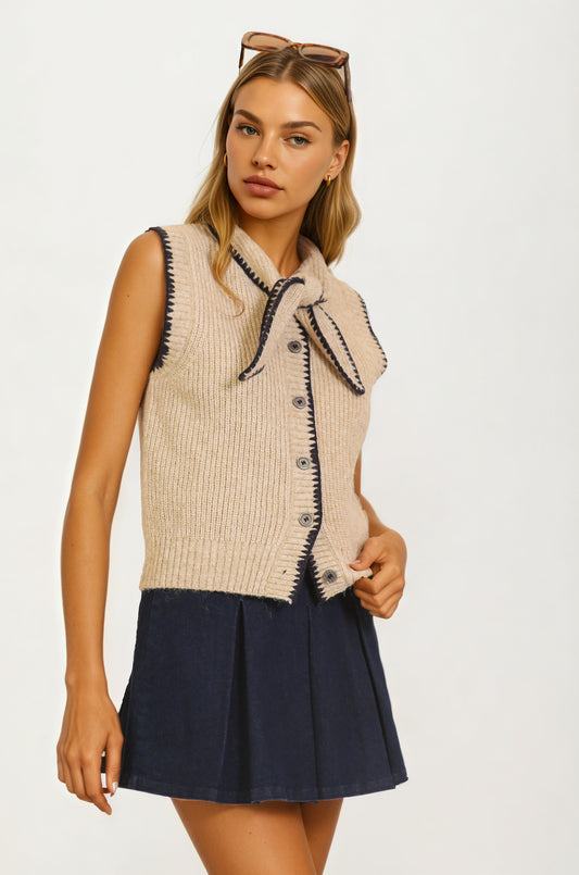 Sleeveless Knit Vest with Contrast Trim and Bow Detail