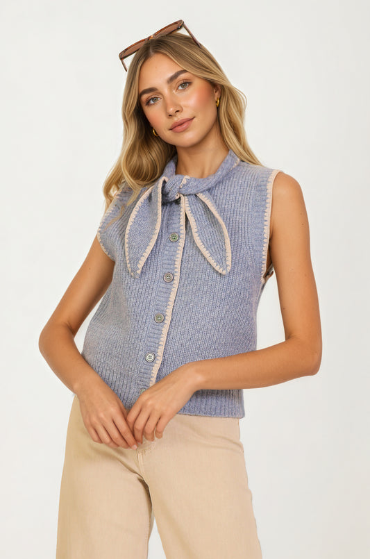 Sleeveless Knit Vest with Contrast Trim and Bow Detail