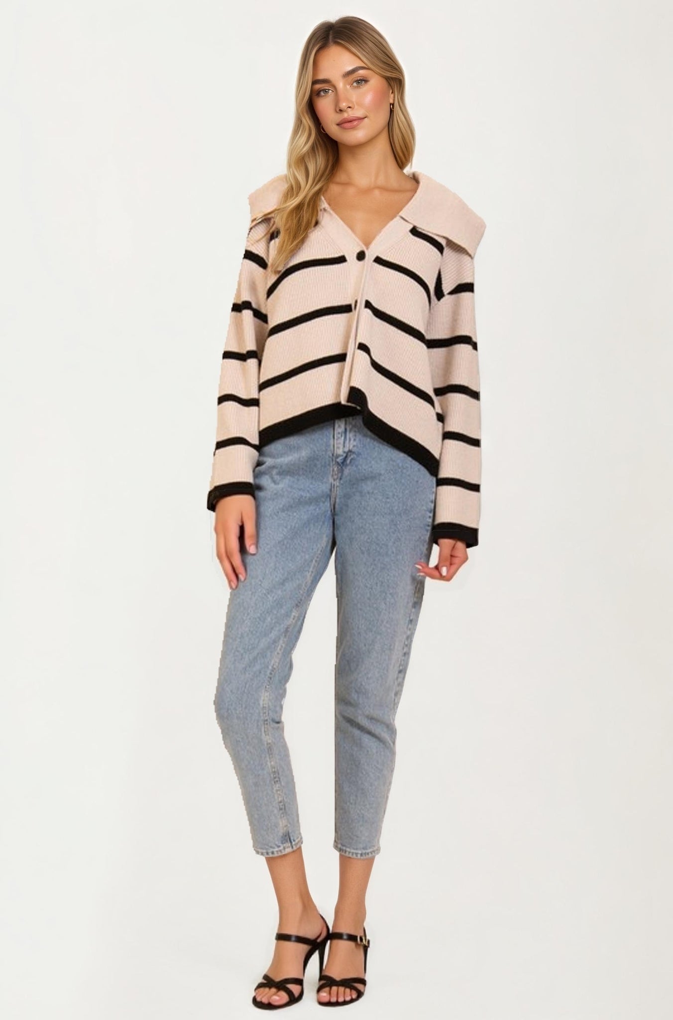 Striped Knit Cardigan with Wide Collar and Contrast Trim