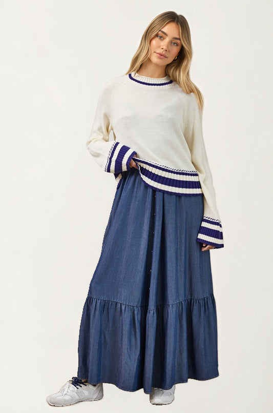 Striped Trim Knit Sweater with Relaxed Fit