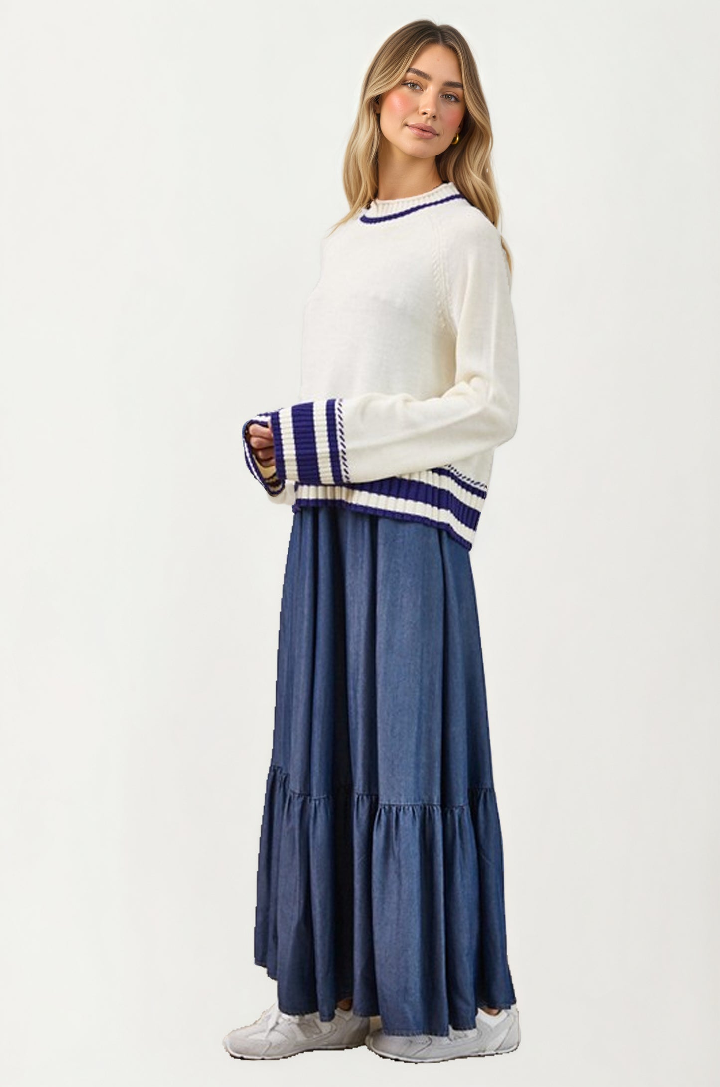 Striped Trim Knit Sweater with Relaxed Fit