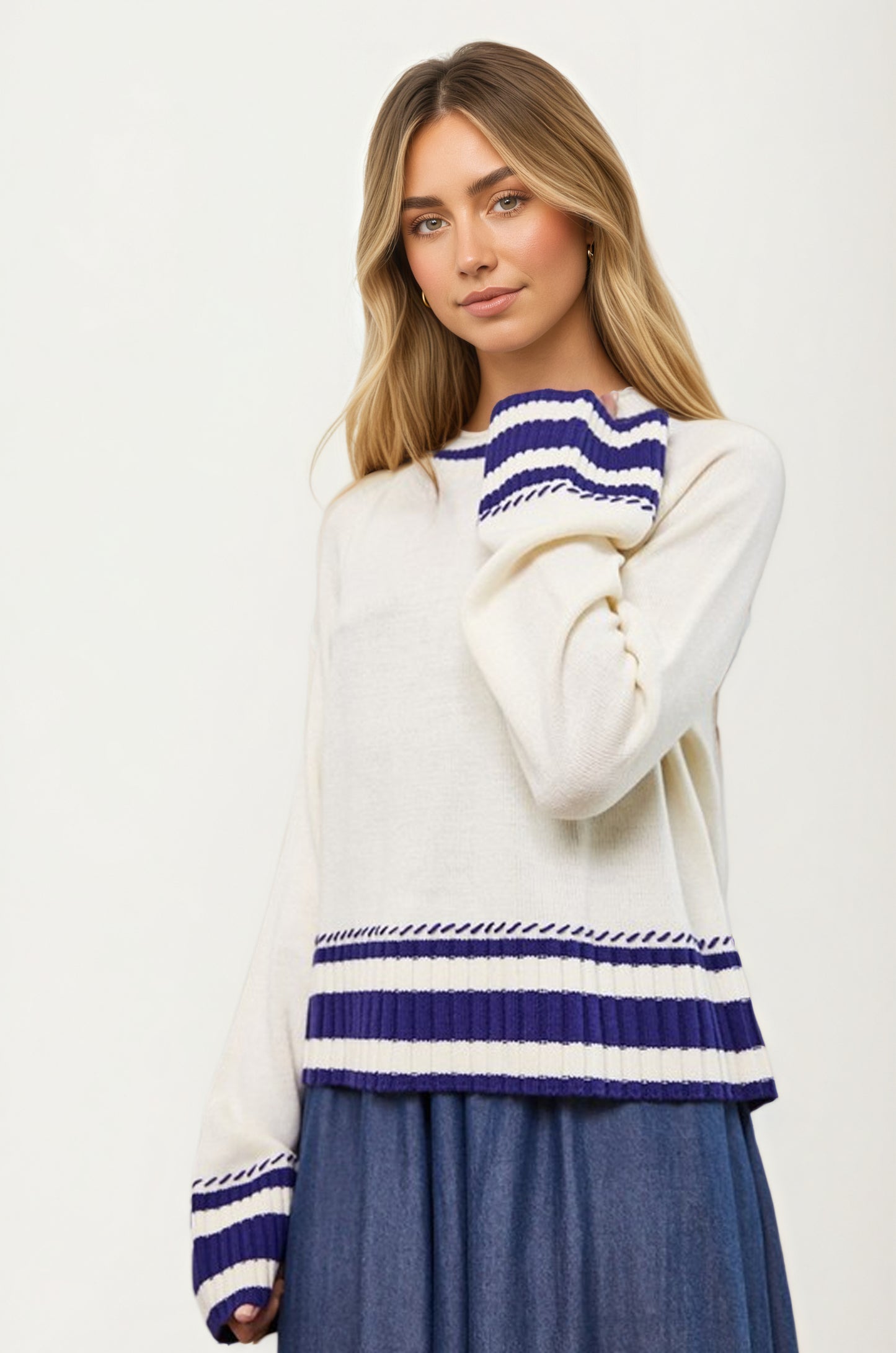 Striped Trim Knit Sweater with Relaxed Fit