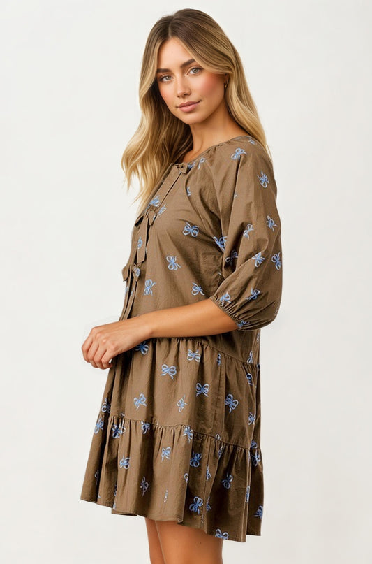 Tiered Mini Dress With Bow Embroidery