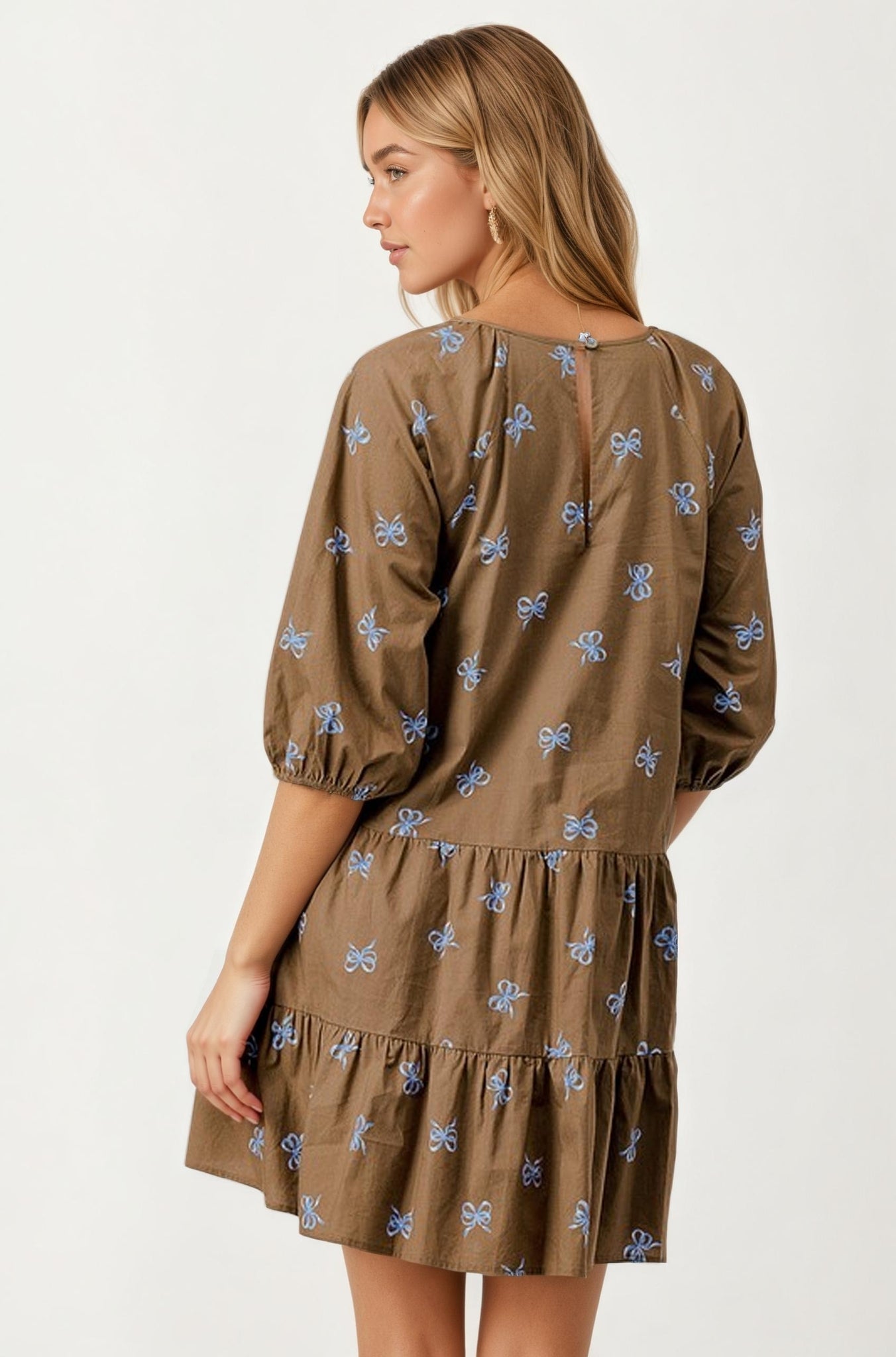 Tiered Mini Dress With Bow Embroidery