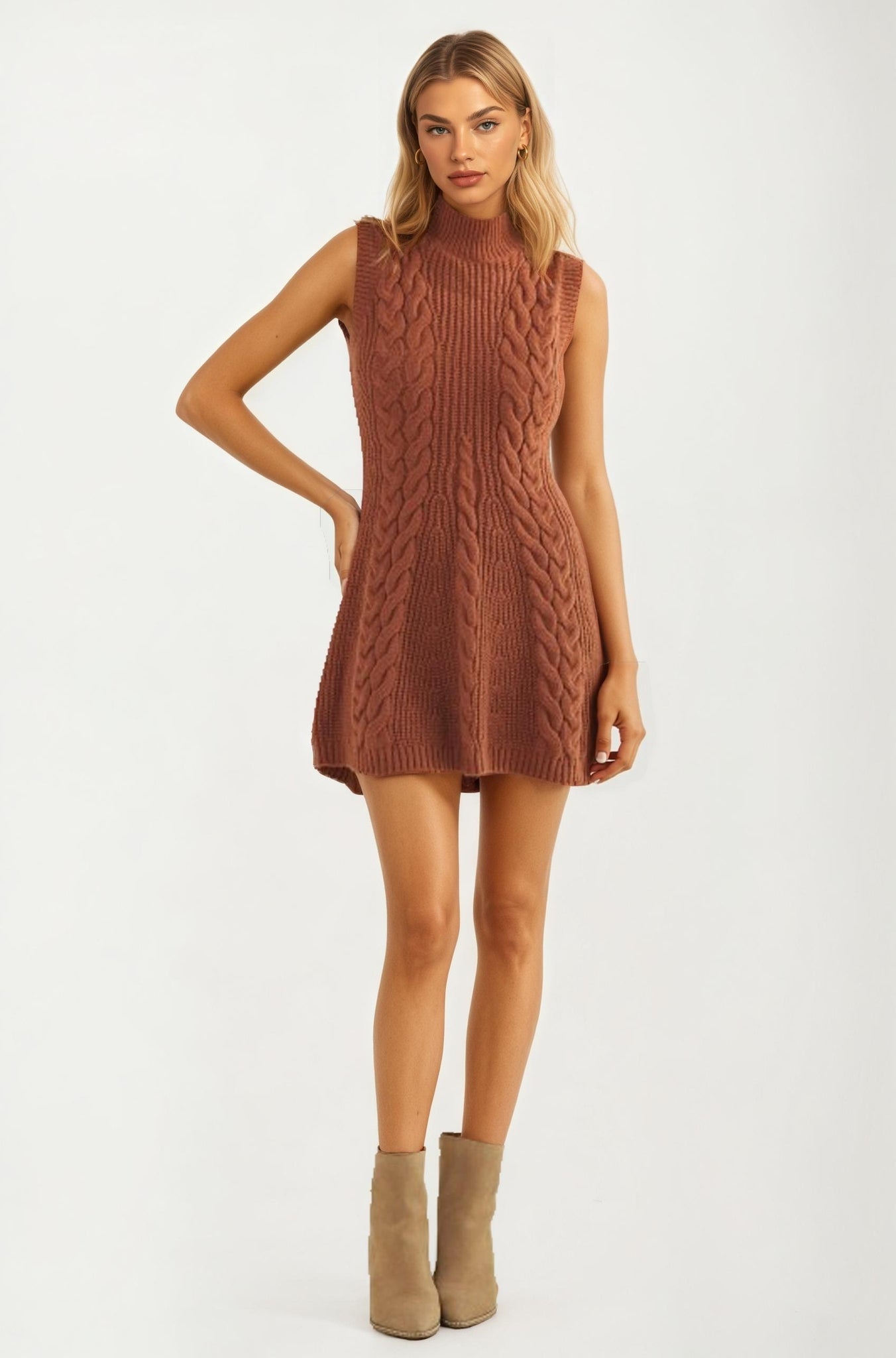 Sleeveless Cable Knit Mini Dress With Mock Neck