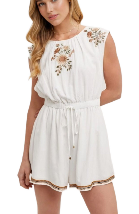 Embroidered Romper Cap Sleeves Drawstring Waist Trimmed Hem White Boho Style
