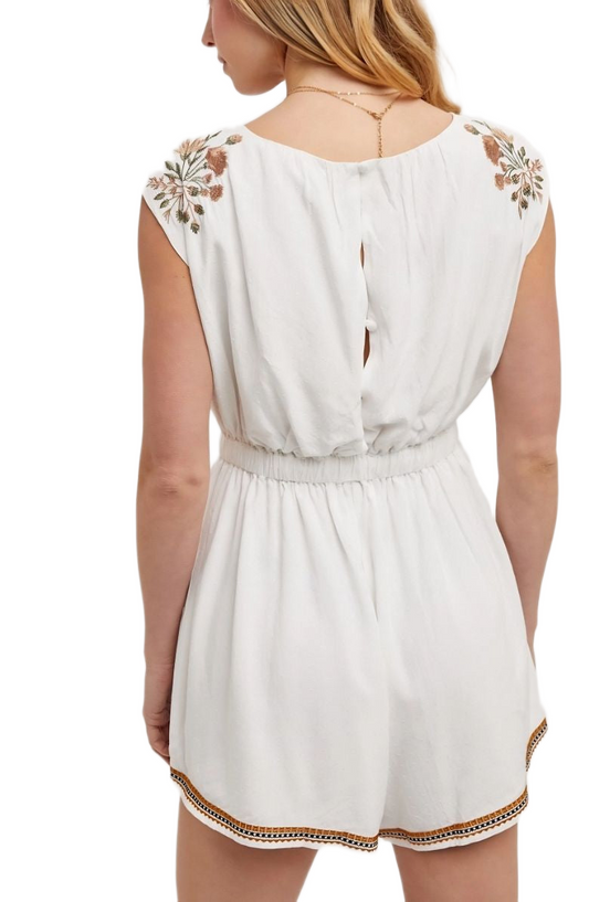 Embroidered Romper Cap Sleeves Drawstring Waist Trimmed Hem White Boho Style