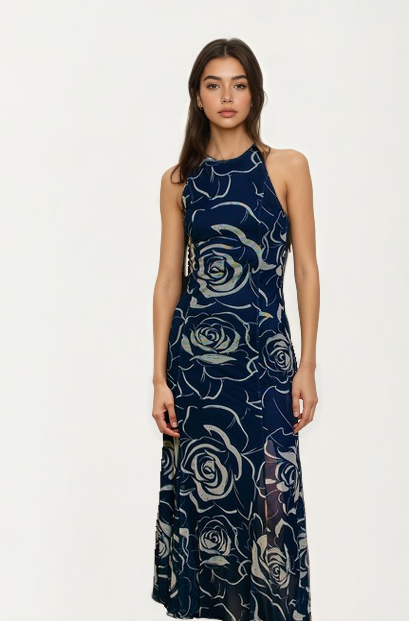 Sleeveless Navy Rose Print Maxi Dress with Slit
