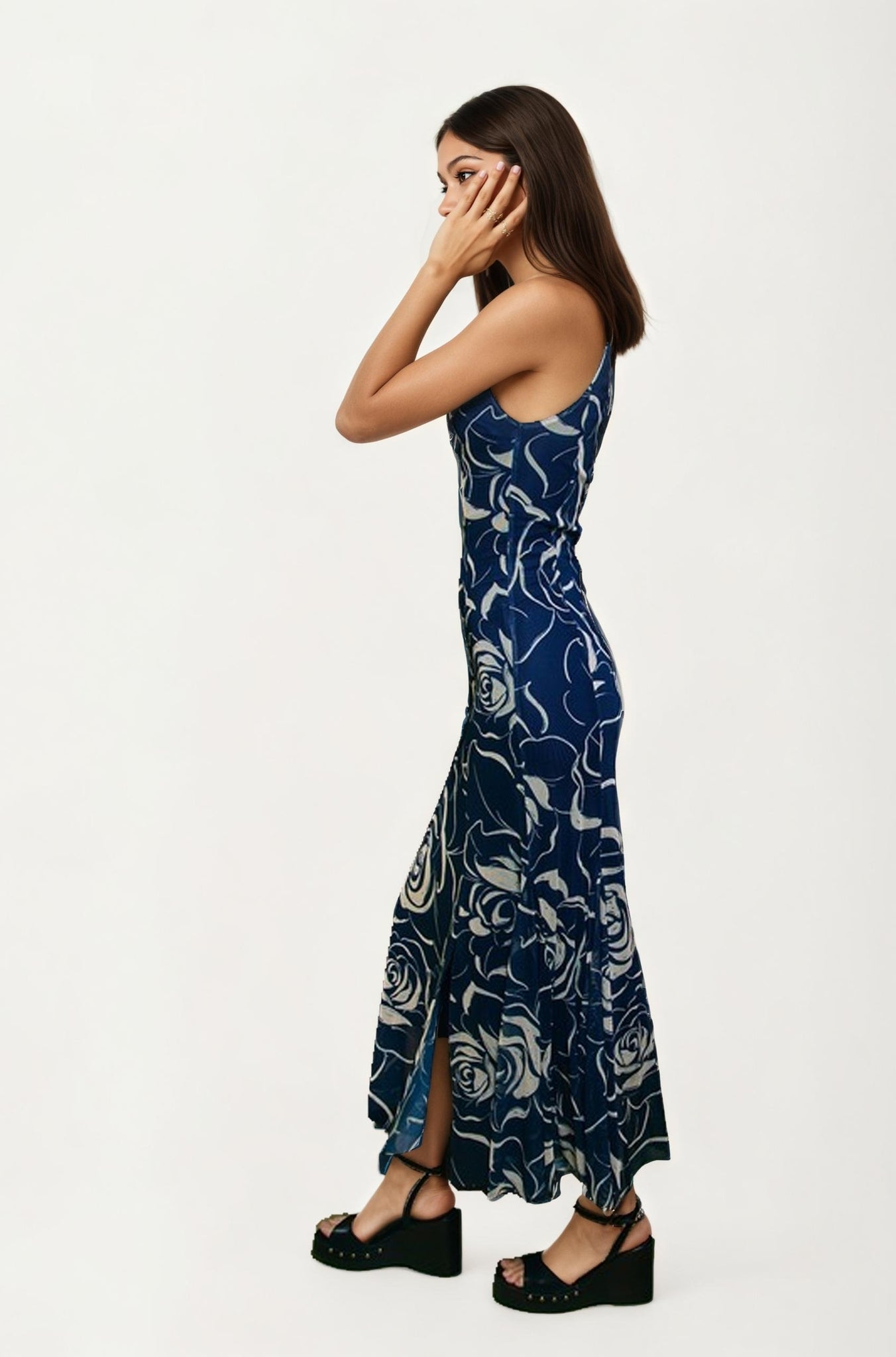 Sleeveless Navy Rose Print Maxi Dress with Slit