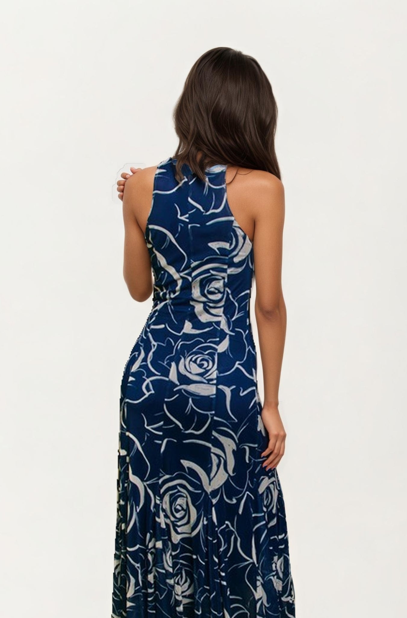 Sleeveless Navy Rose Print Maxi Dress with Slit