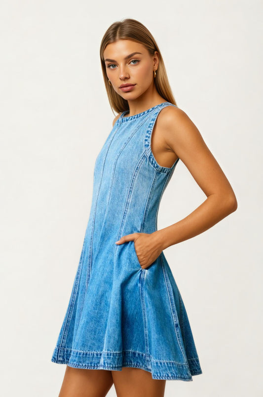 Sleeveless Denim Fit and Flare Mini Dress with Seamed Detailing
