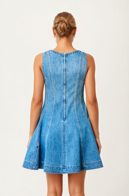 Sleeveless Denim Fit and Flare Mini Dress with Seamed Detailing