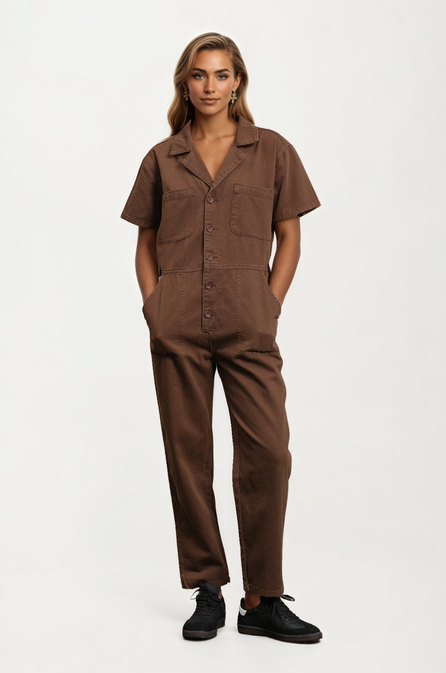Short Sleeve Utility Jumpsuit with Button Front