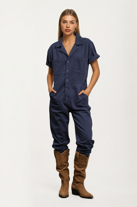 Short Sleeve Utility Jumpsuit with Button Front