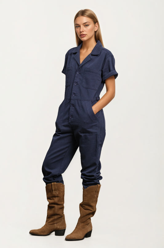 Short Sleeve Utility Jumpsuit with Button Front