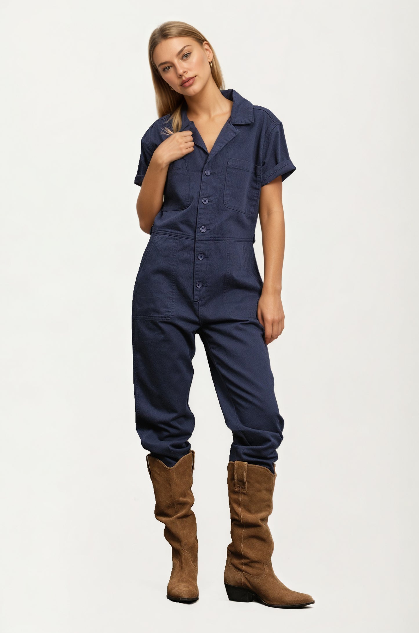 Short Sleeve Utility Jumpsuit with Button Front