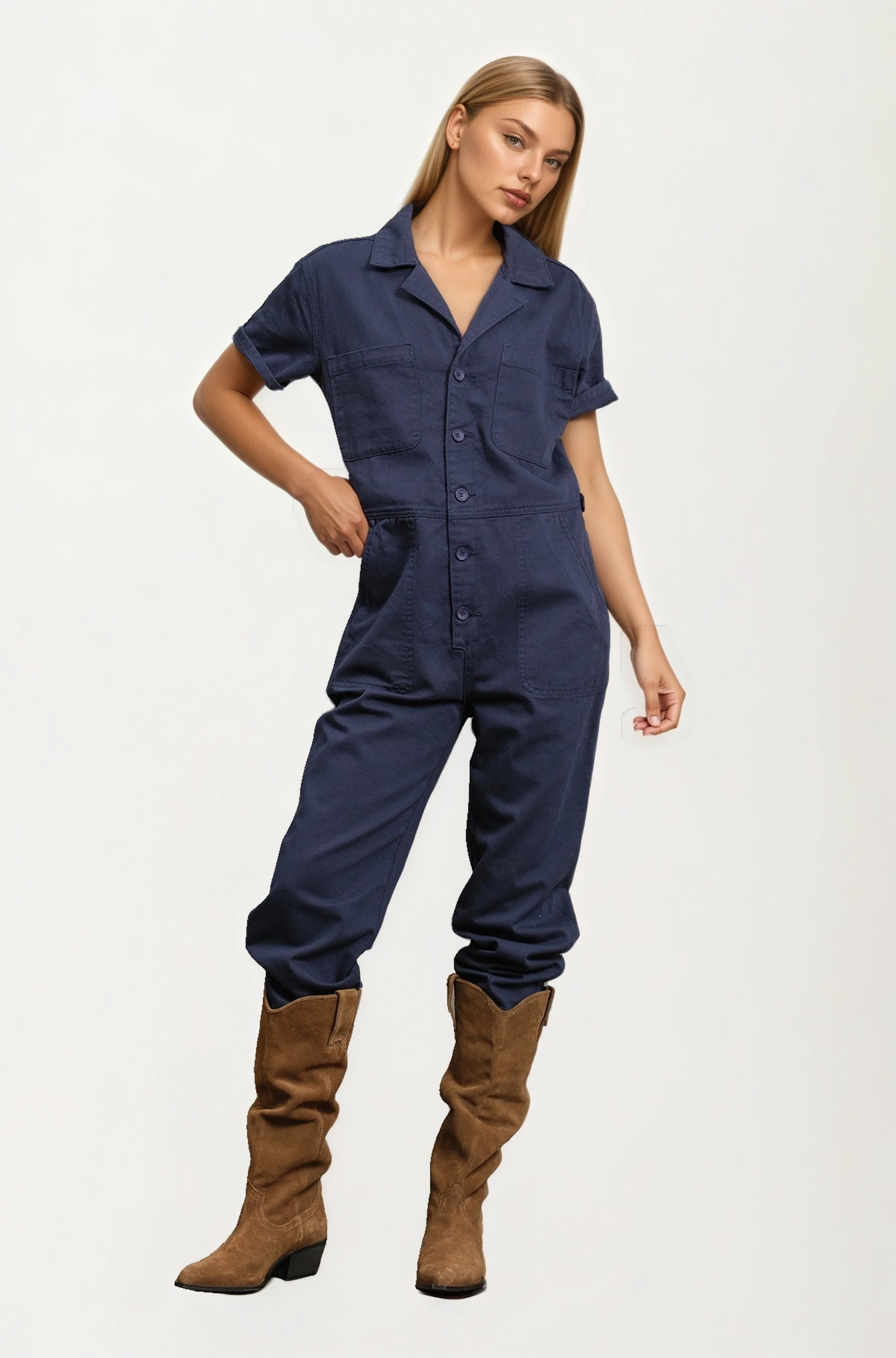 Short Sleeve Utility Jumpsuit with Button Front