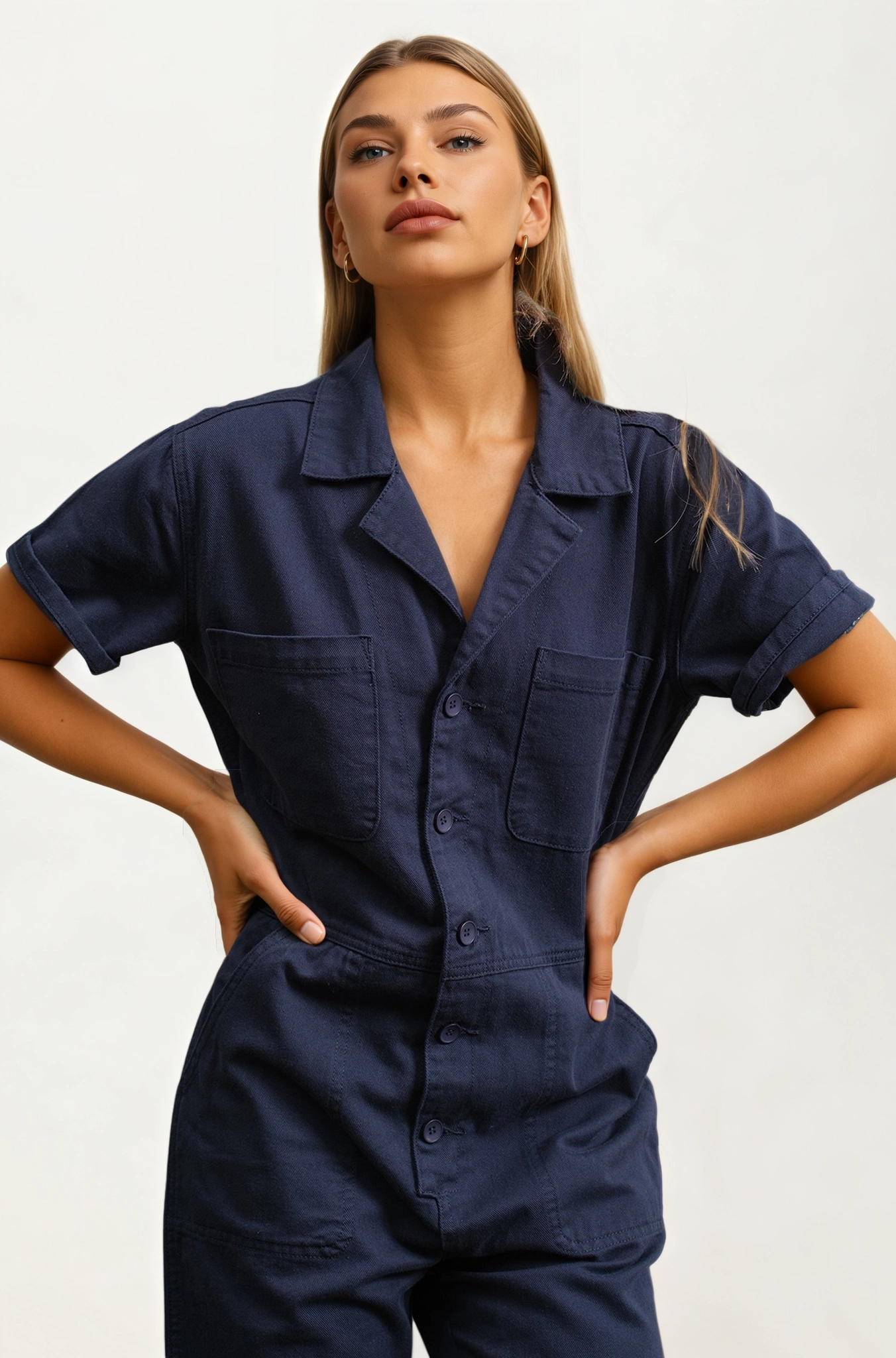 Short Sleeve Utility Jumpsuit with Button Front
