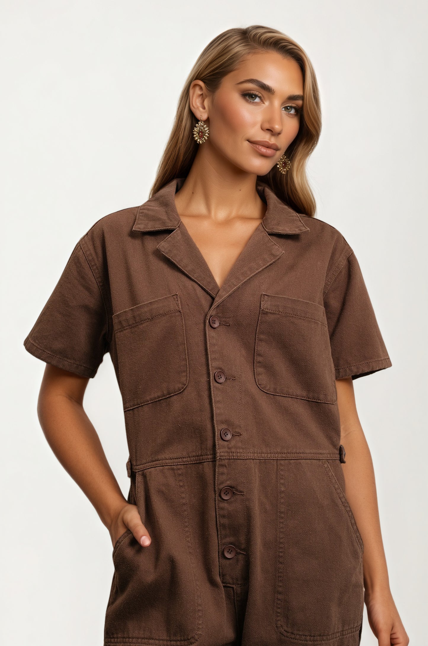 Short Sleeve Utility Jumpsuit with Button Front